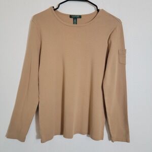 Lauren Ralph Lauren Tan Longsleeve Cotton Tee Shirt Sleeve Pocket Logo Large